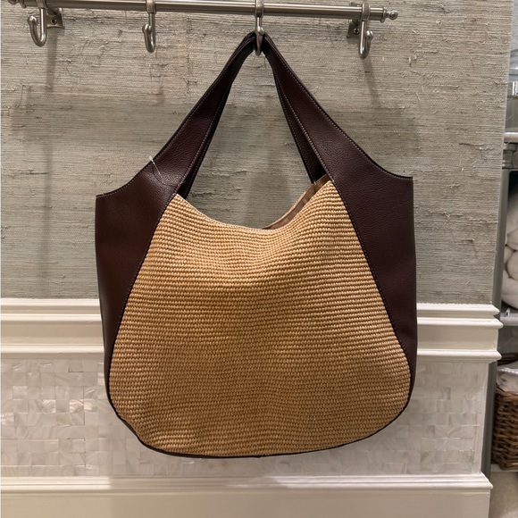 NWOT new Anthropologie Sonia raffia slouchy tote bag brown tan faux Leather - Picture 3 of 13